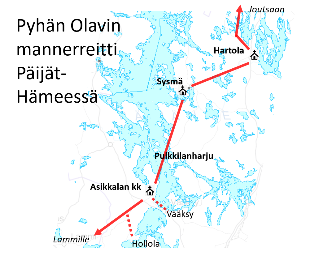 Kartta Pyhän Olavin mannerreitin kulusta Päijät-Hämeessä